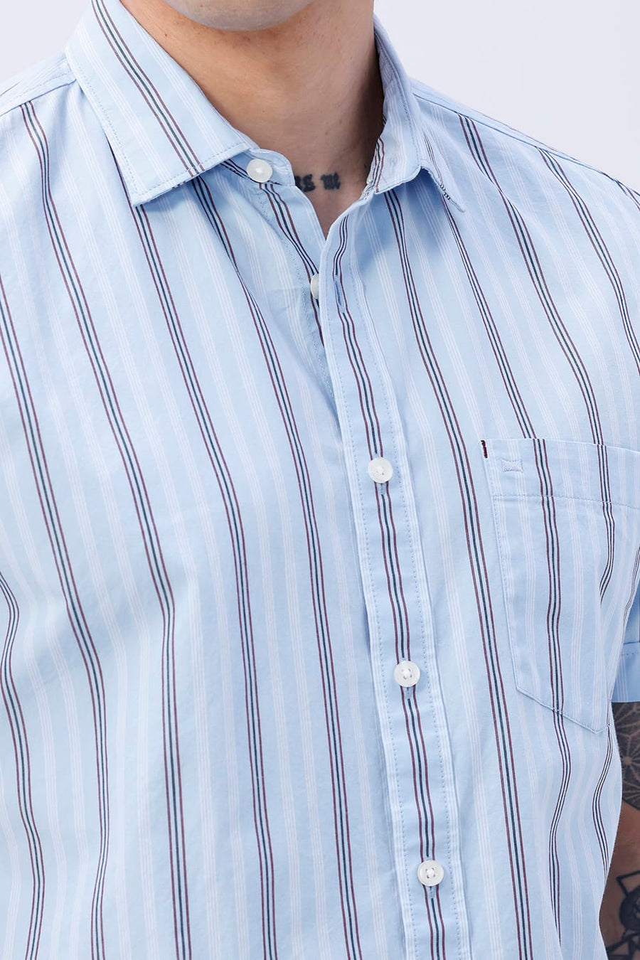 BASICS SLIM FIT SUMMER BLUE COTTON PLAIN STRIPES HALFSLEEVES SHIRT
