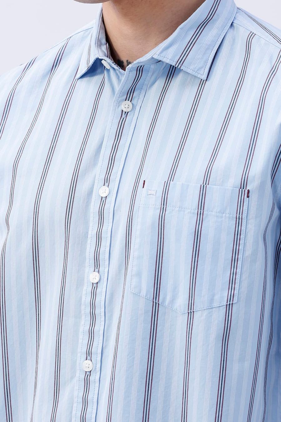 BASICS SLIM FIT SUMMER BLUE COTTON PLAIN STRIPES SHIRT