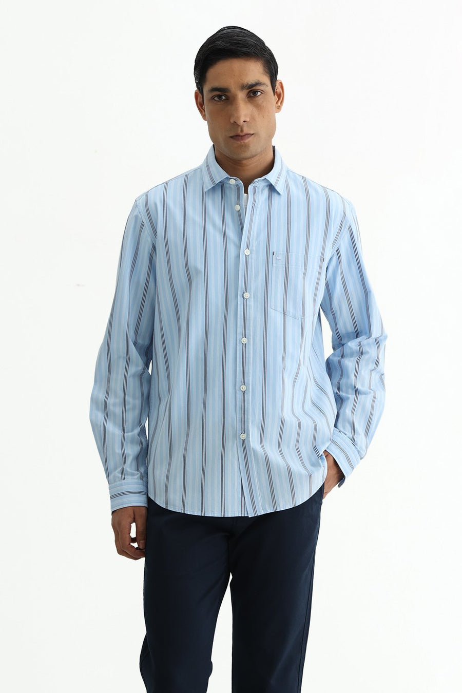 BASICS SLIM FIT SUMMER BLUE COTTON PLAIN STRIPES SHIRT