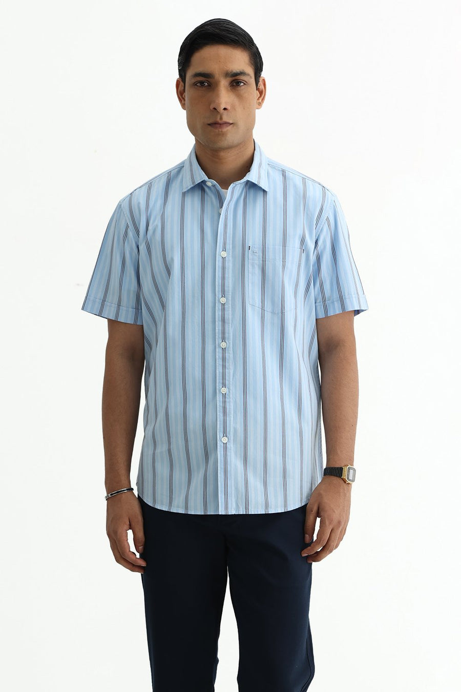 BASICS SLIM FIT SUMMER BLUE COTTON PLAIN STRIPES HALFSLEEVES SHIRT
