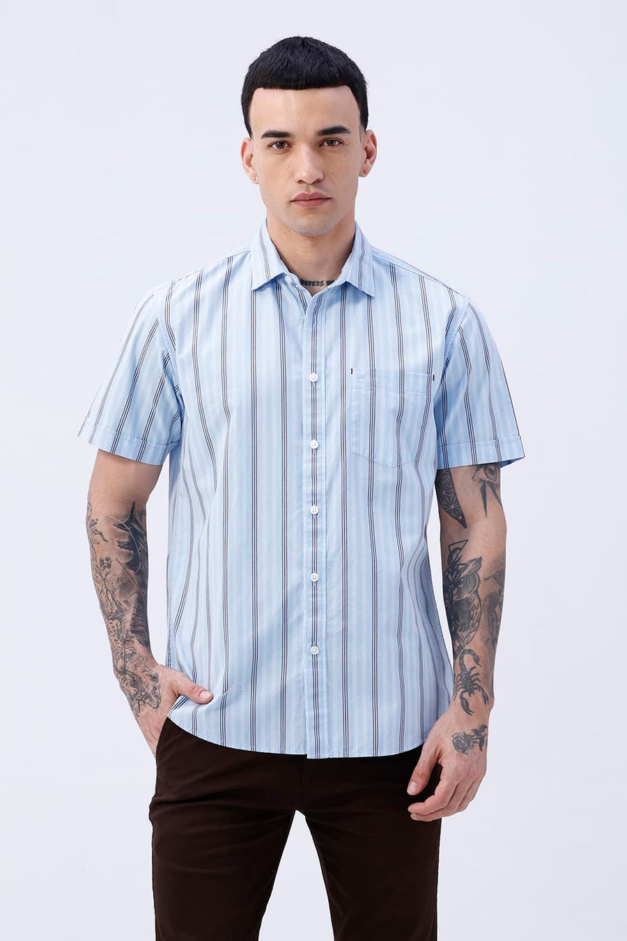 BASICS SLIM FIT SUMMER BLUE COTTON PLAIN STRIPES HALFSLEEVES SHIRT