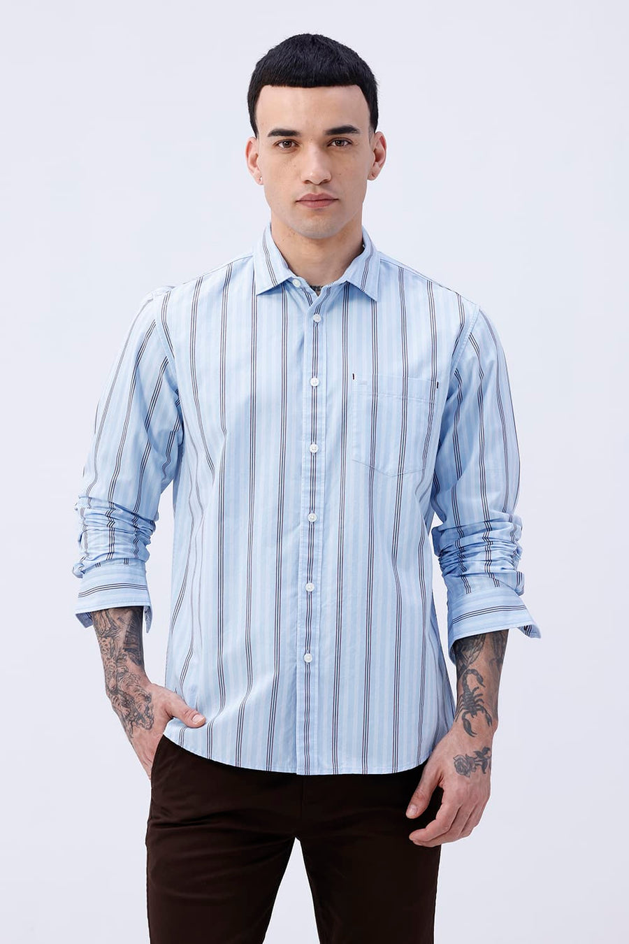 BASICS SLIM FIT SUMMER BLUE COTTON PLAIN STRIPES SHIRT