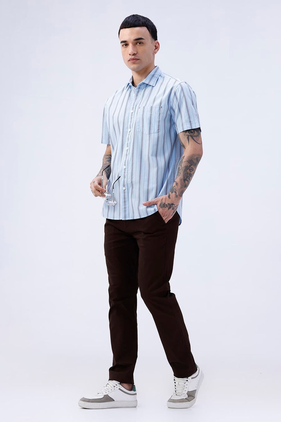 BASICS SLIM FIT SUMMER BLUE COTTON PLAIN STRIPES HALFSLEEVES SHIRT