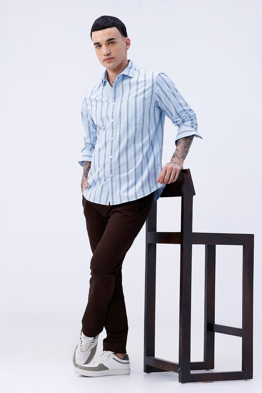 BASICS SLIM FIT SUMMER BLUE COTTON PLAIN STRIPES SHIRT