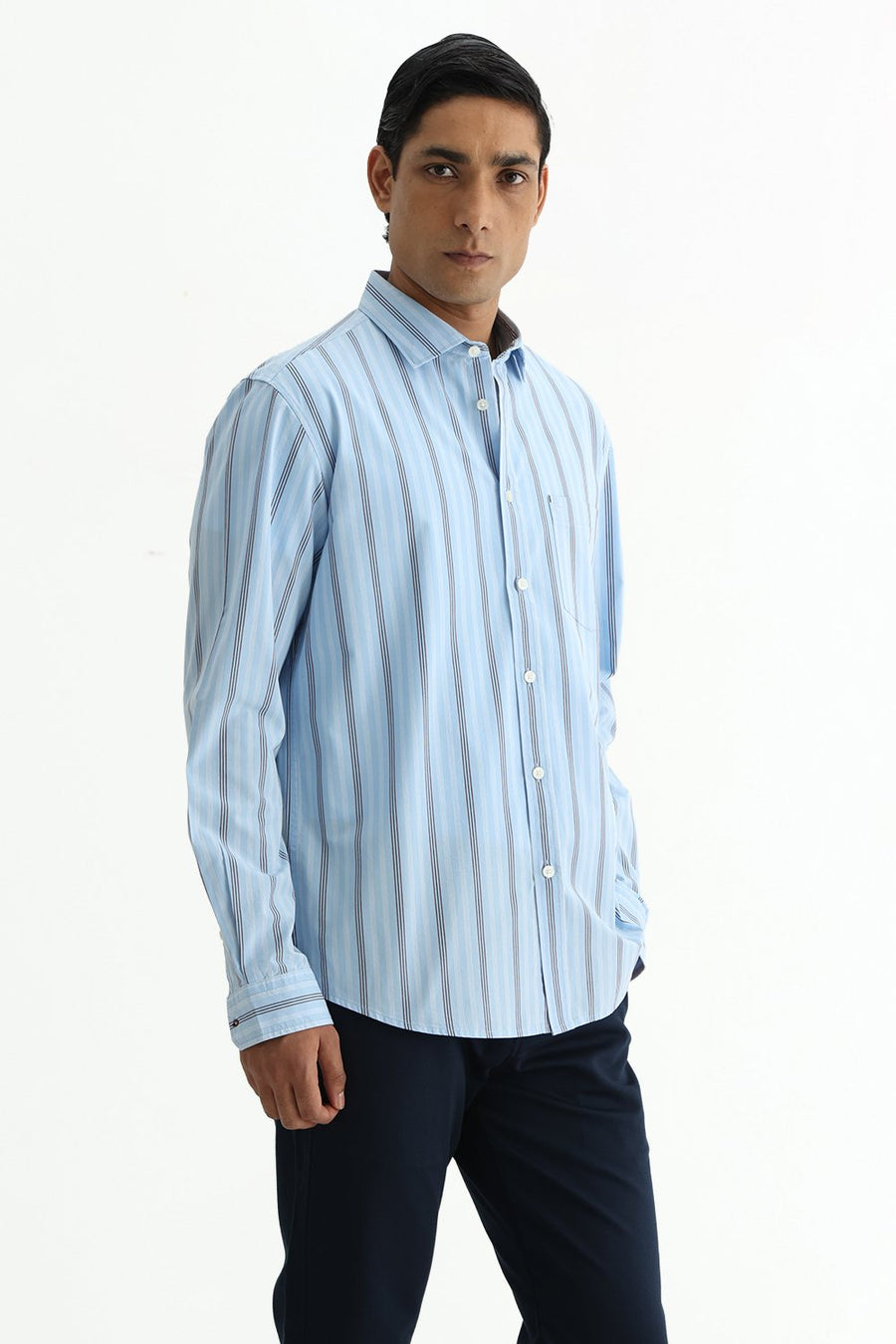 BASICS SLIM FIT SUMMER BLUE COTTON PLAIN STRIPES SHIRT