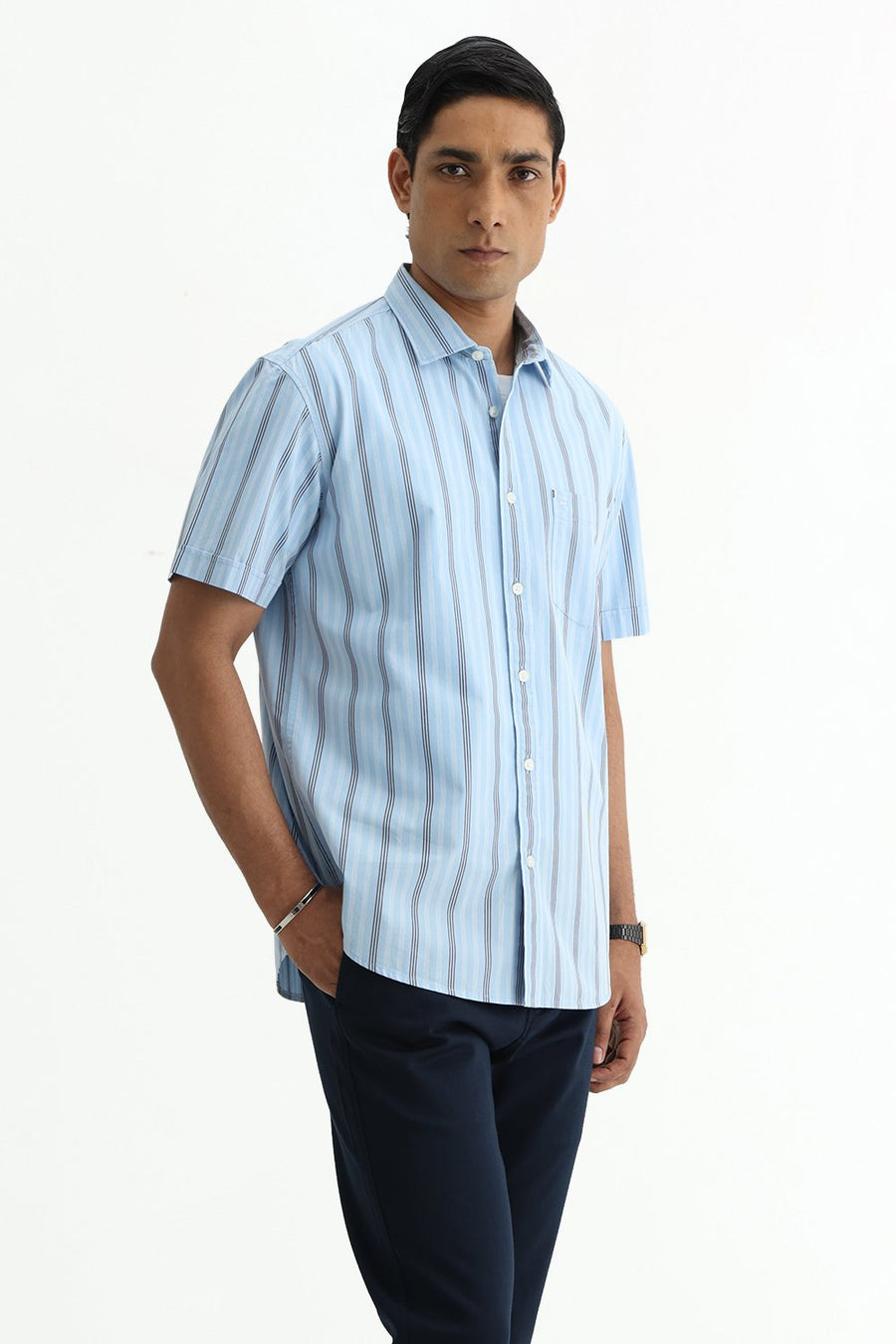 BASICS SLIM FIT SUMMER BLUE COTTON PLAIN STRIPES HALFSLEEVES SHIRT