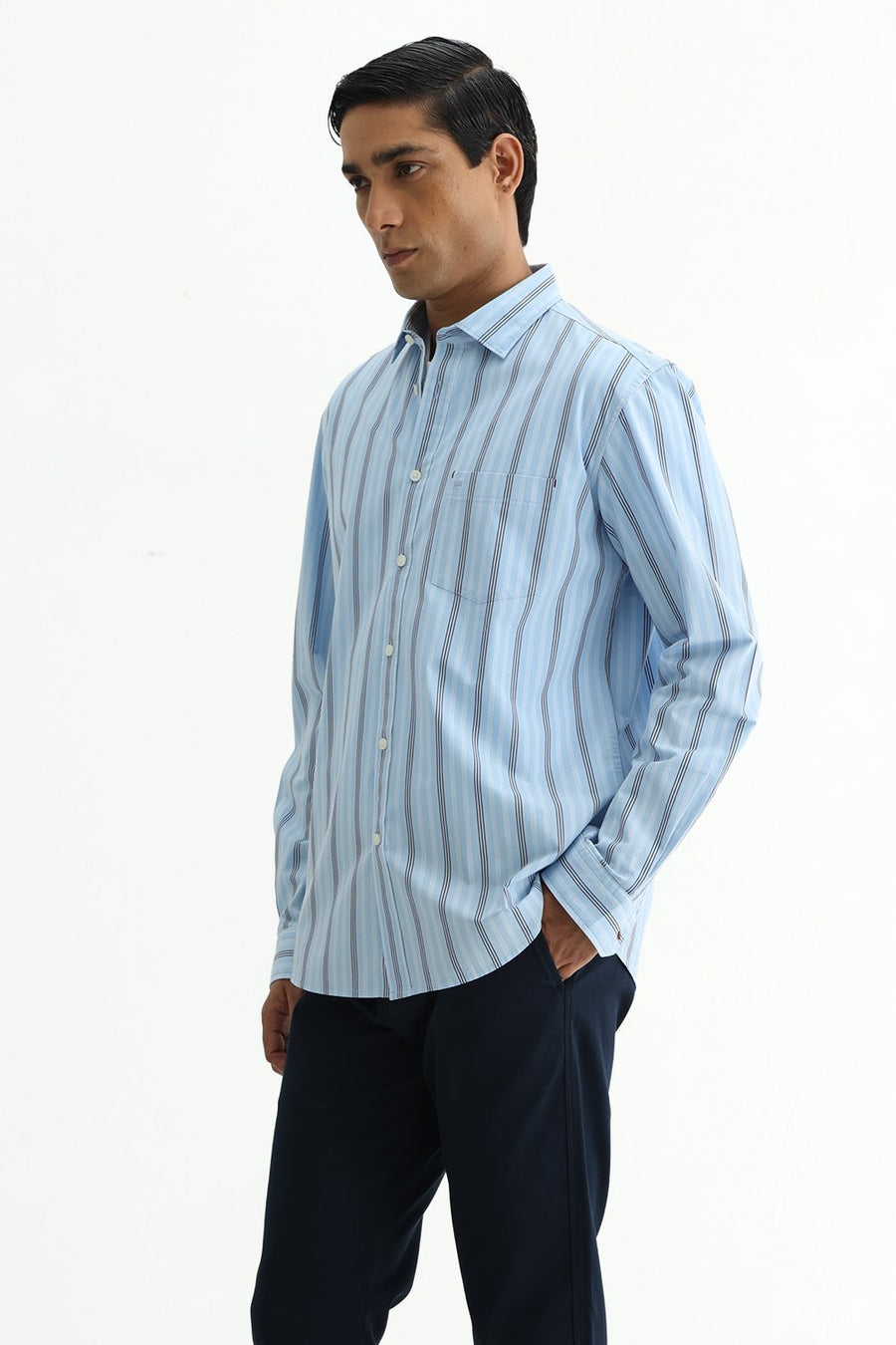 BASICS SLIM FIT SUMMER BLUE COTTON PLAIN STRIPES SHIRT