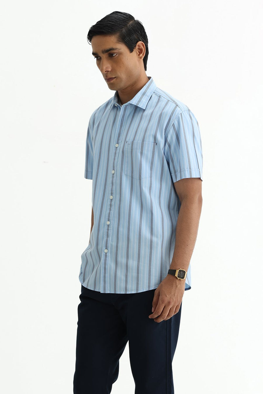 BASICS SLIM FIT SUMMER BLUE COTTON PLAIN STRIPES HALFSLEEVES SHIRT
