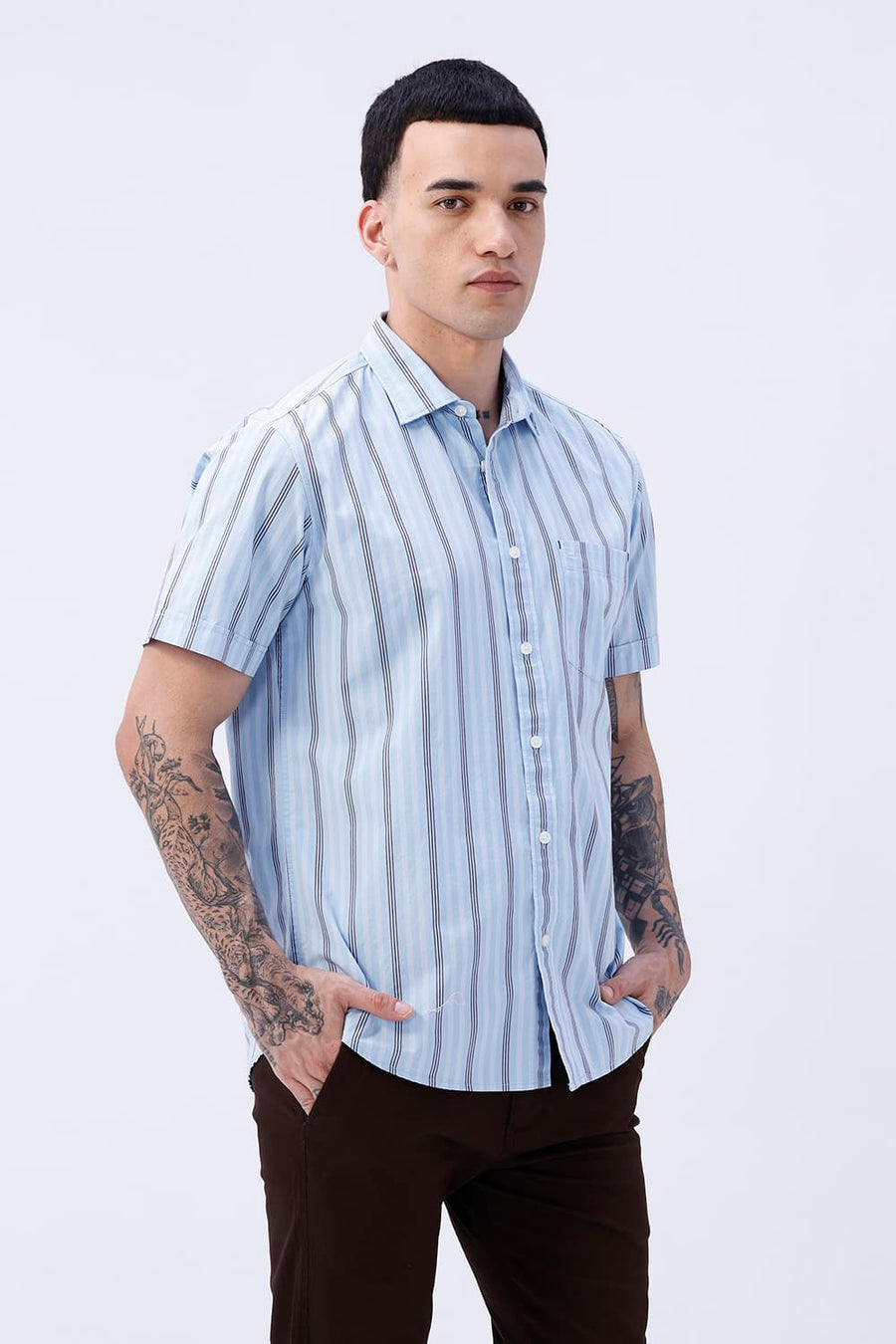 BASICS SLIM FIT SUMMER BLUE COTTON PLAIN STRIPES HALFSLEEVES SHIRT