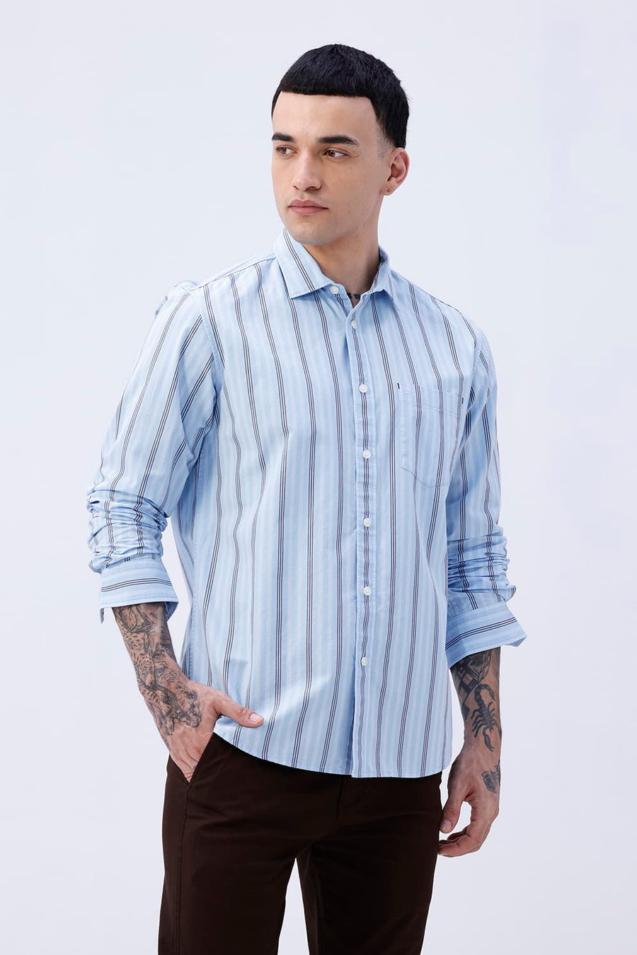 BASICS SLIM FIT SUMMER BLUE COTTON PLAIN STRIPES SHIRT