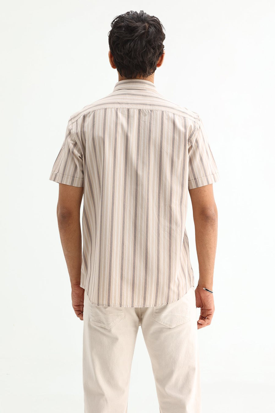 BASICS SLIM FIT BROWN SAND COTTON PLAIN STRIPES SHIRT