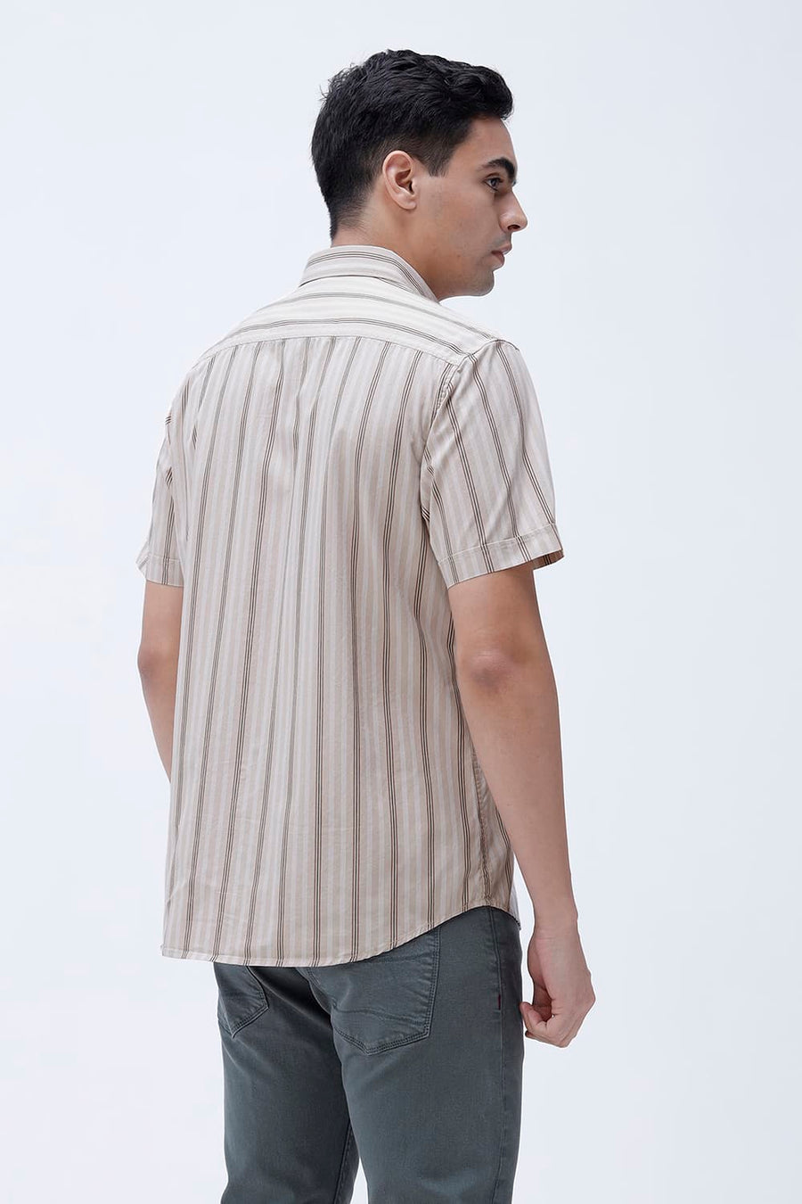 BASICS SLIM FIT BROWN SAND COTTON PLAIN STRIPES HALFSLEEVES SHIRT