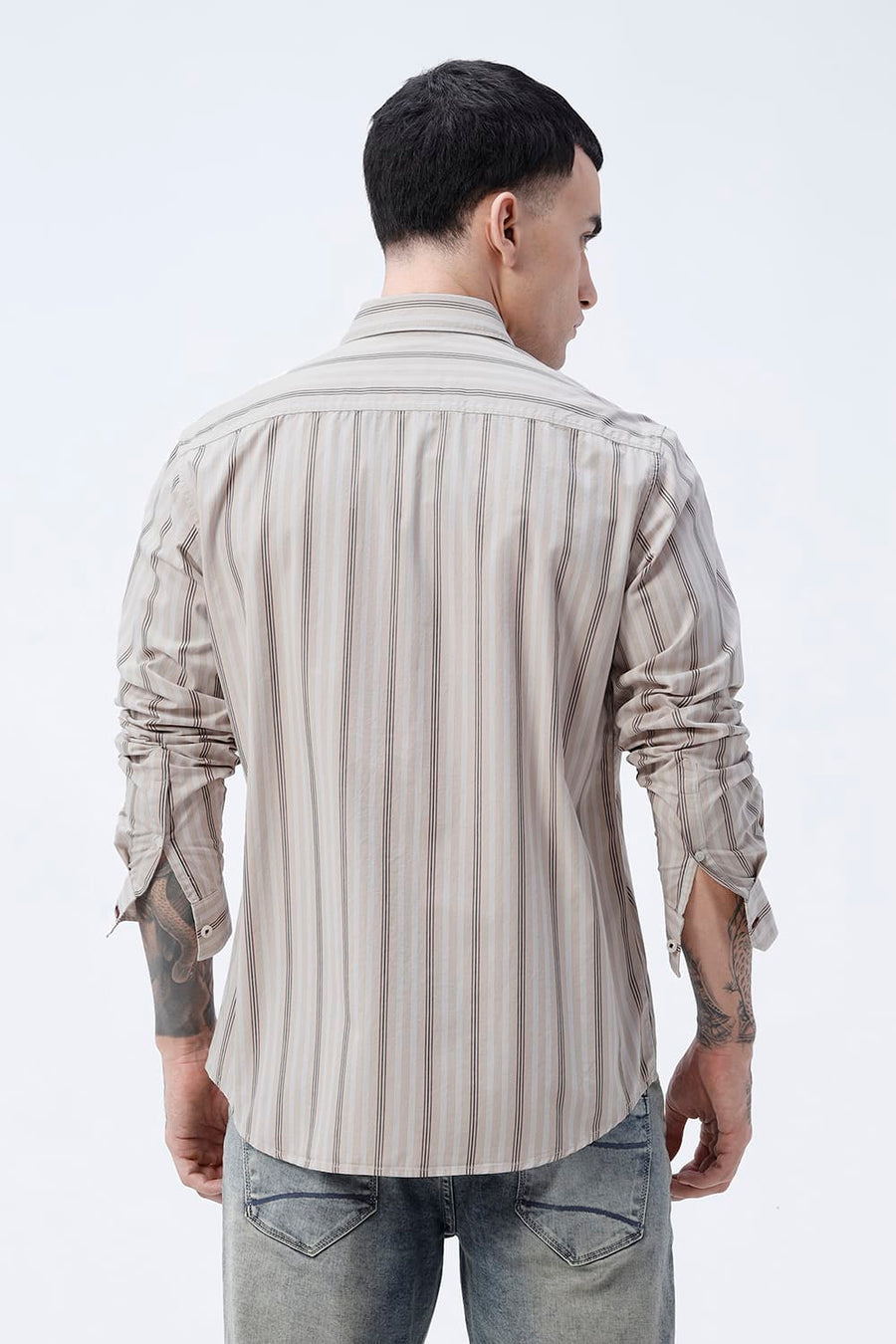 BASICS SLIM FIT BROWN SAND COTTON PLAIN STRIPES SHIRT