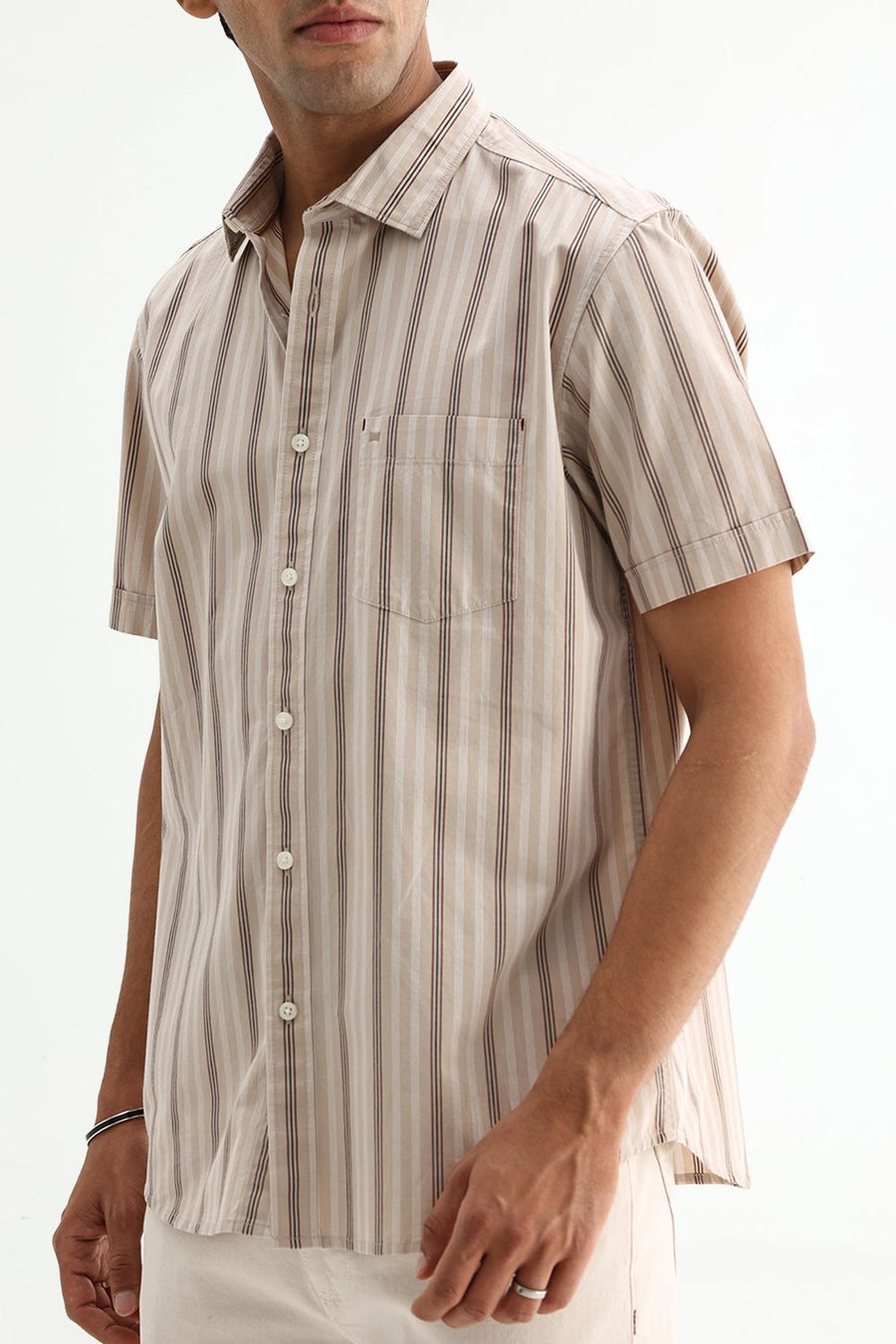 BASICS SLIM FIT BROWN SAND COTTON PLAIN STRIPES SHIRT