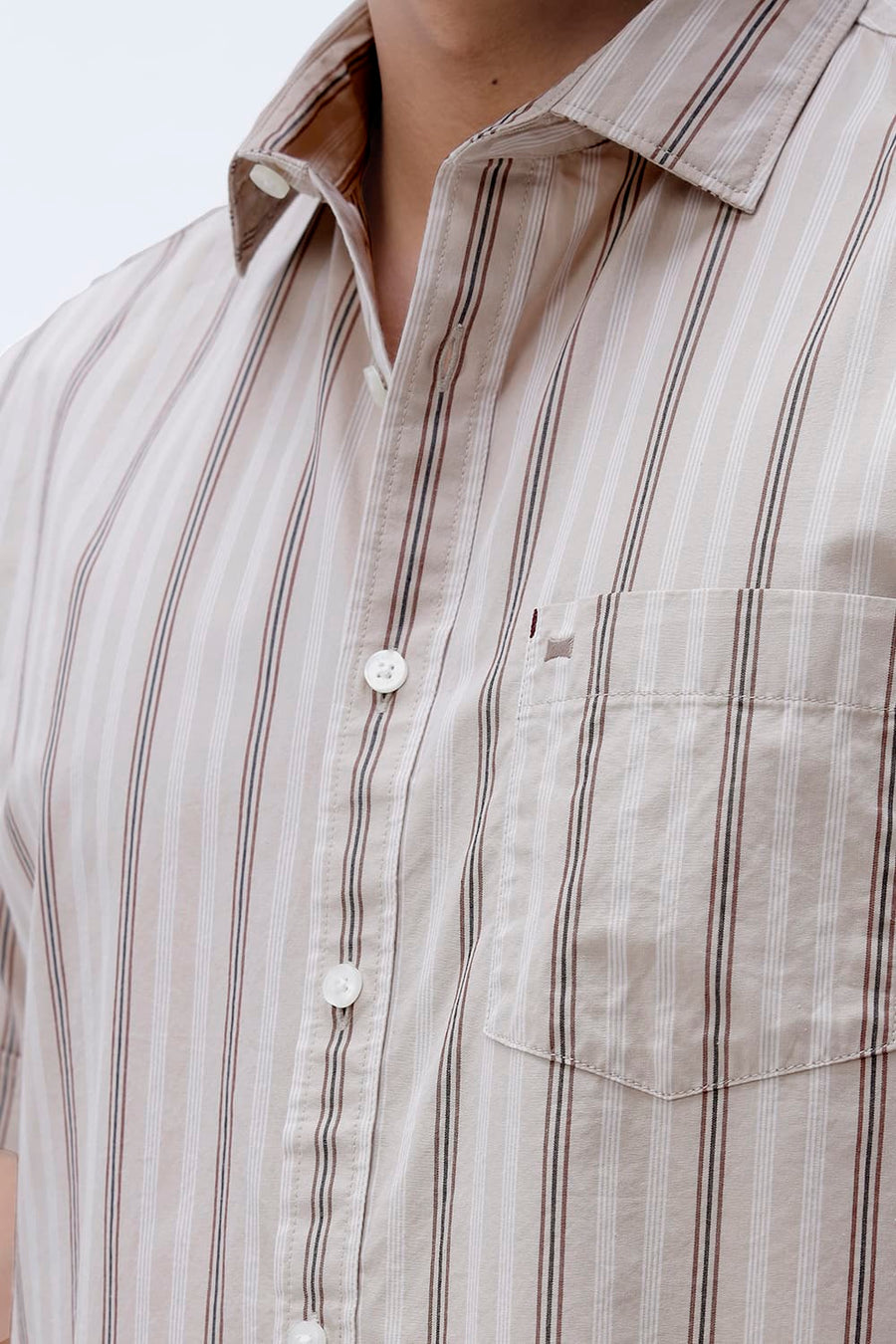 BASICS SLIM FIT BROWN SAND COTTON PLAIN STRIPES HALFSLEEVES SHIRT