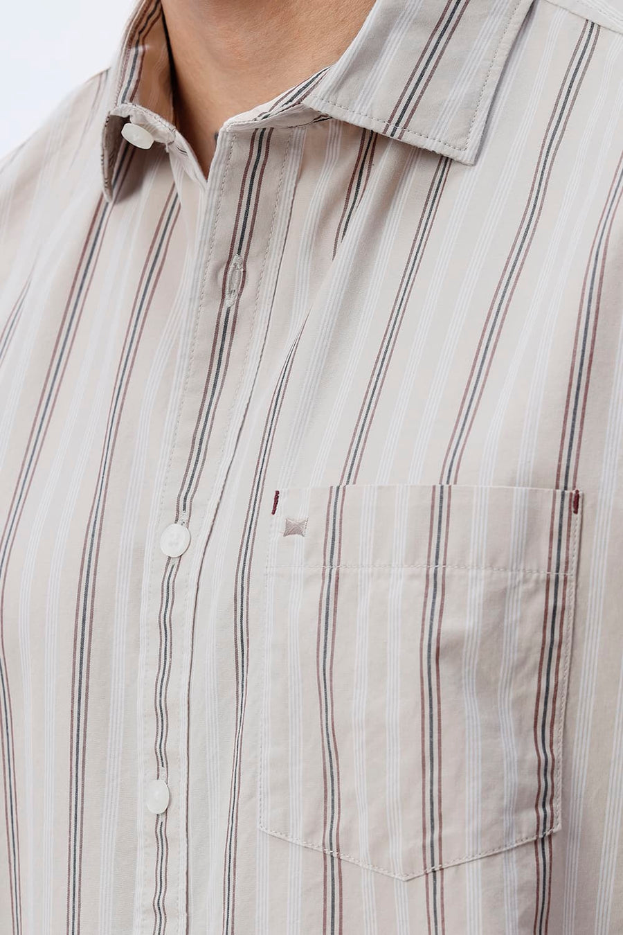 BASICS SLIM FIT BROWN SAND COTTON PLAIN STRIPES SHIRT