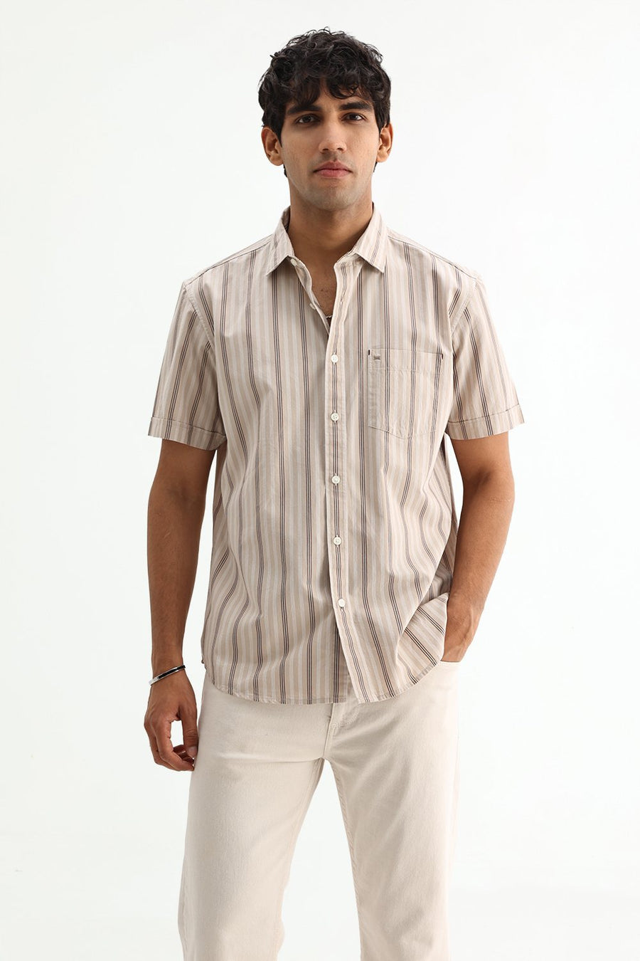 BASICS SLIM FIT BROWN SAND COTTON PLAIN STRIPES SHIRT