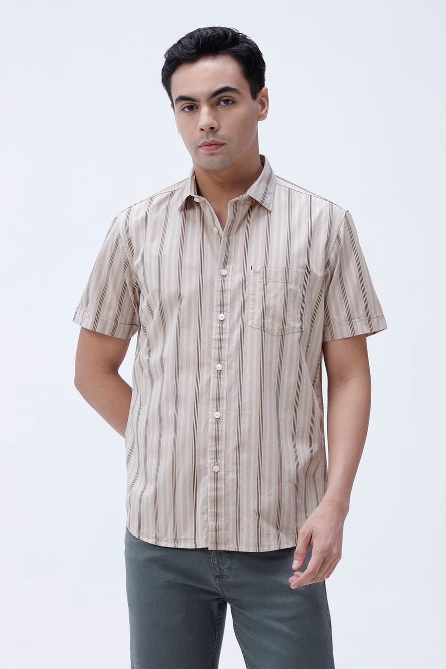 BASICS SLIM FIT BROWN SAND COTTON PLAIN STRIPES HALFSLEEVES SHIRT