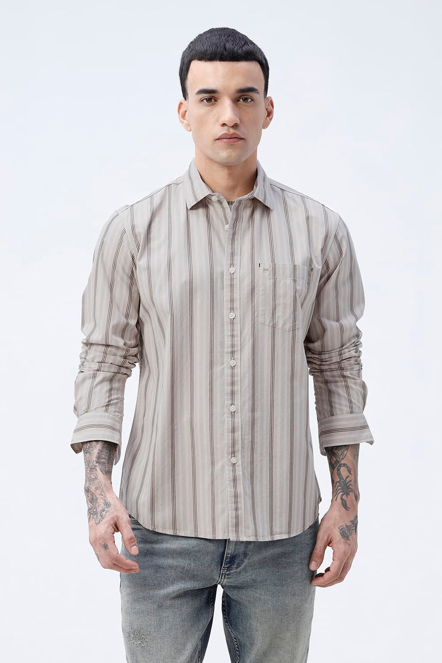 BASICS SLIM FIT BROWN SAND COTTON PLAIN STRIPES SHIRT