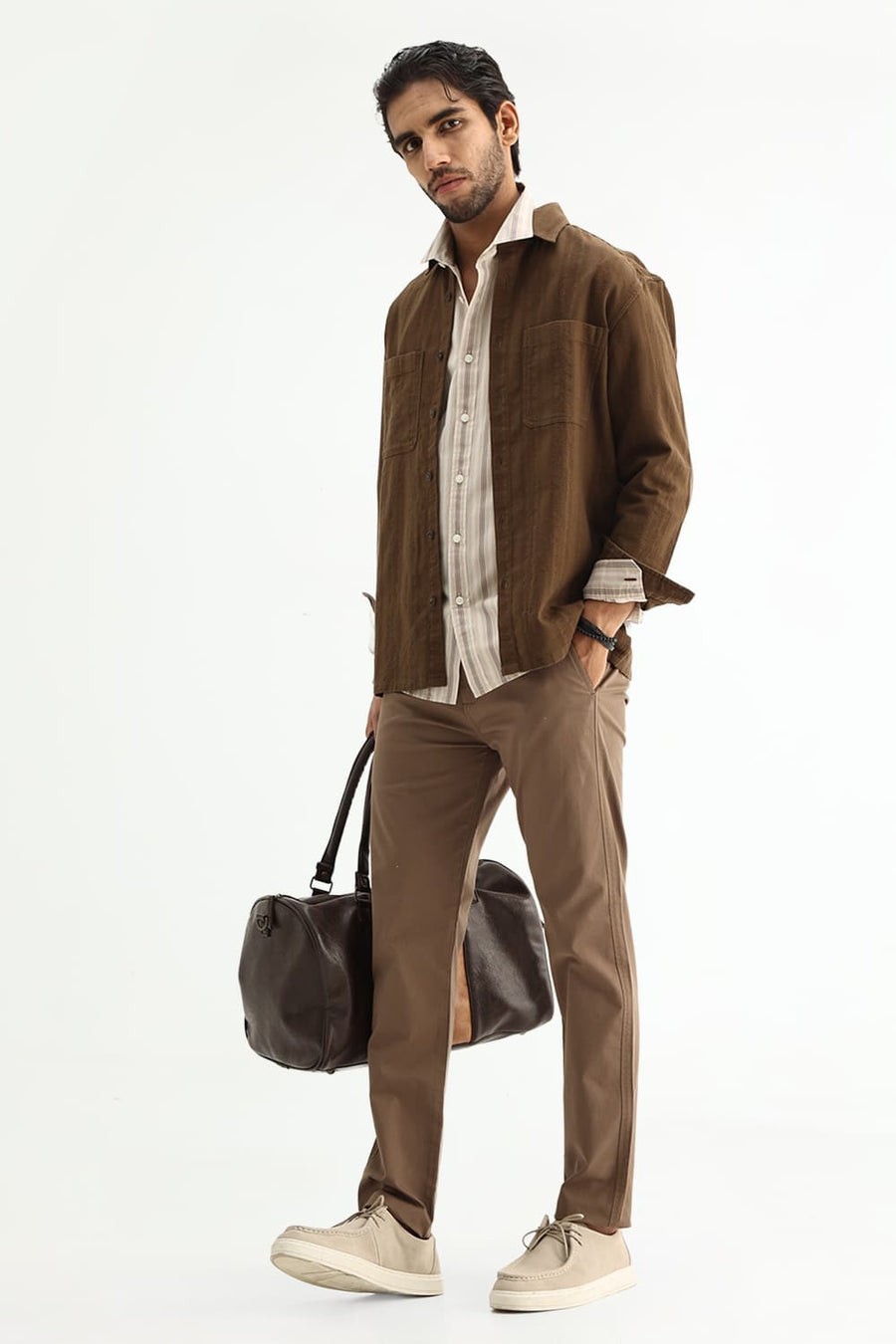 BASICS SLIM FIT BROWN SAND COTTON PLAIN STRIPES SHIRT