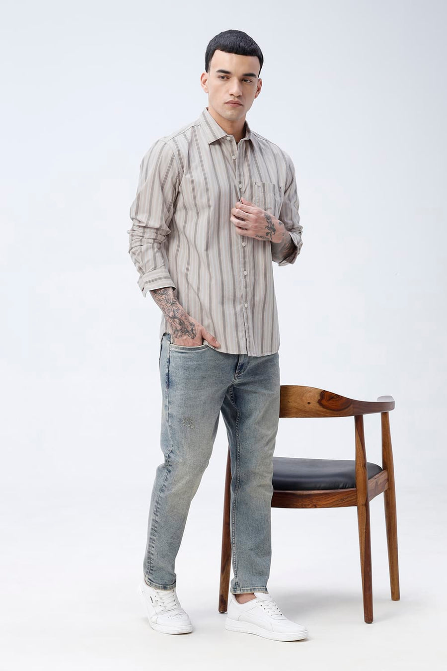 BASICS SLIM FIT BROWN SAND COTTON PLAIN STRIPES SHIRT