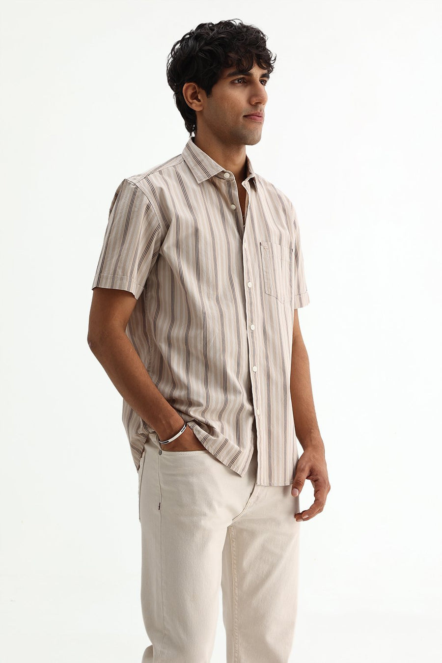 BASICS SLIM FIT BROWN SAND COTTON PLAIN STRIPES SHIRT