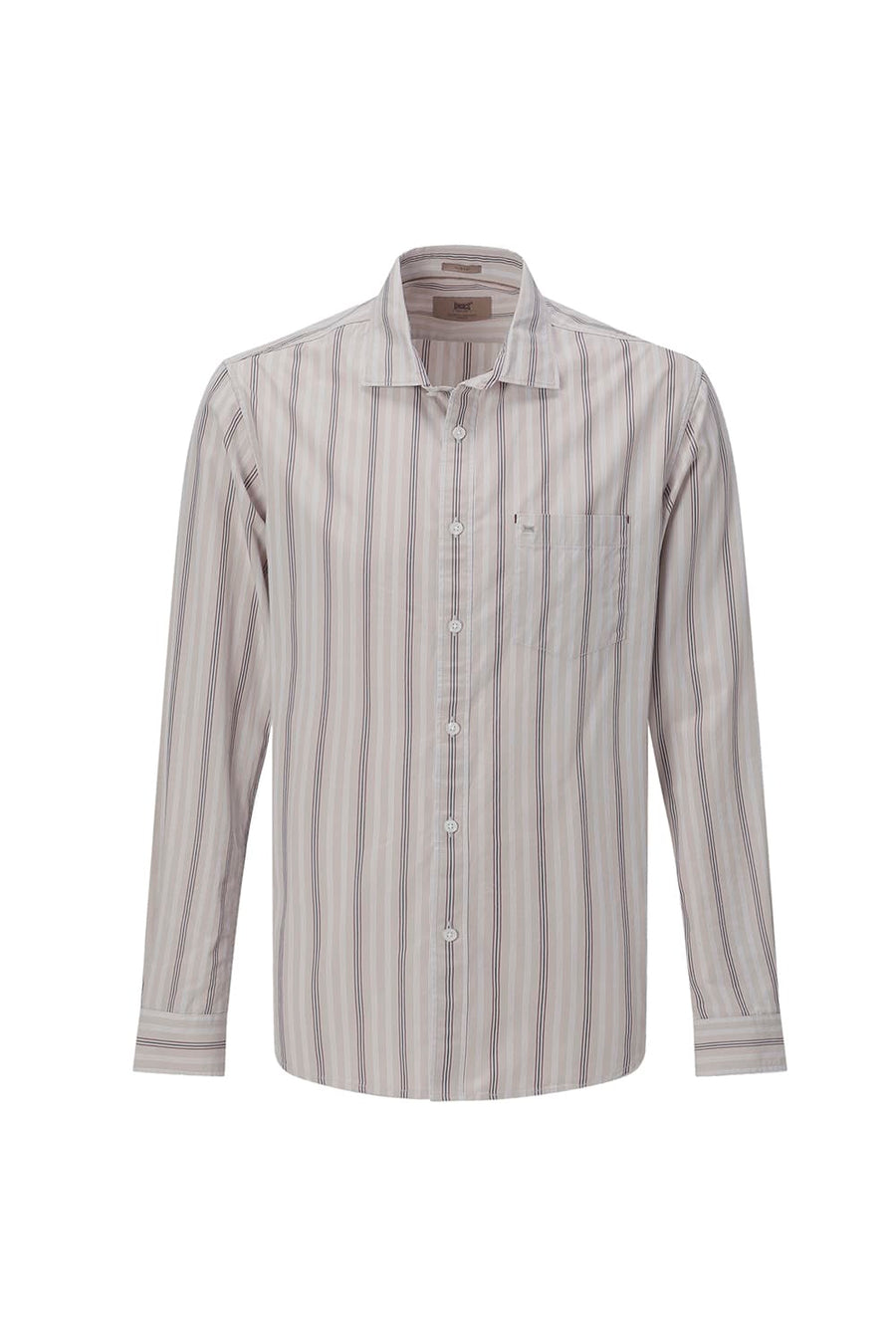 BASICS SLIM FIT BROWN SAND COTTON PLAIN STRIPES SHIRT