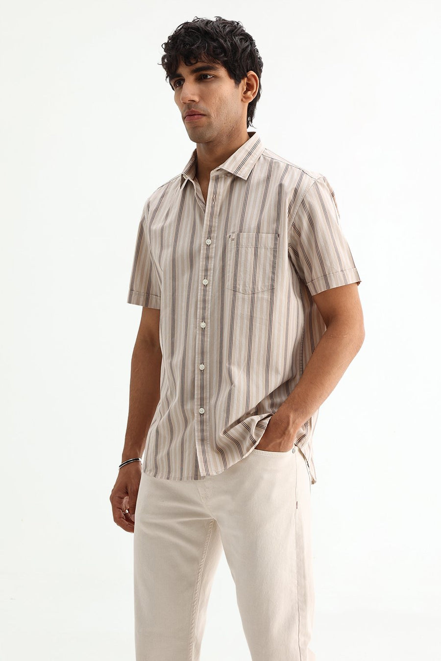 BASICS SLIM FIT BROWN SAND COTTON PLAIN STRIPES SHIRT