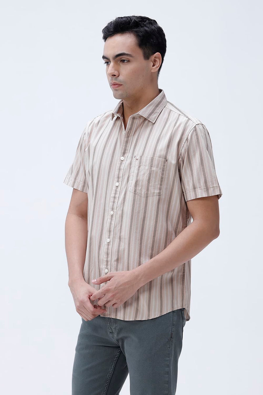BASICS SLIM FIT BROWN SAND COTTON PLAIN STRIPES HALFSLEEVES SHIRT