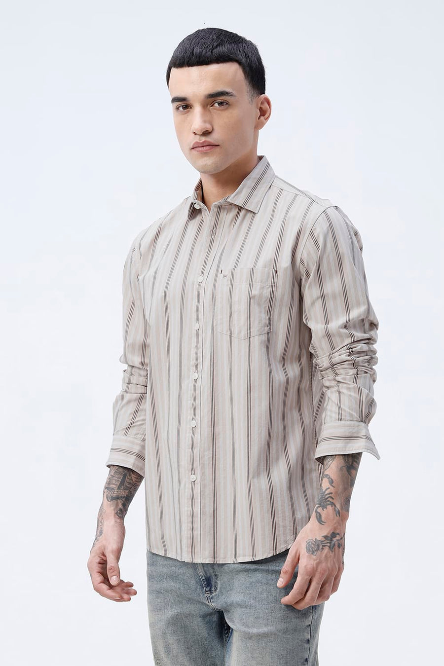 BASICS SLIM FIT BROWN SAND COTTON PLAIN STRIPES SHIRT