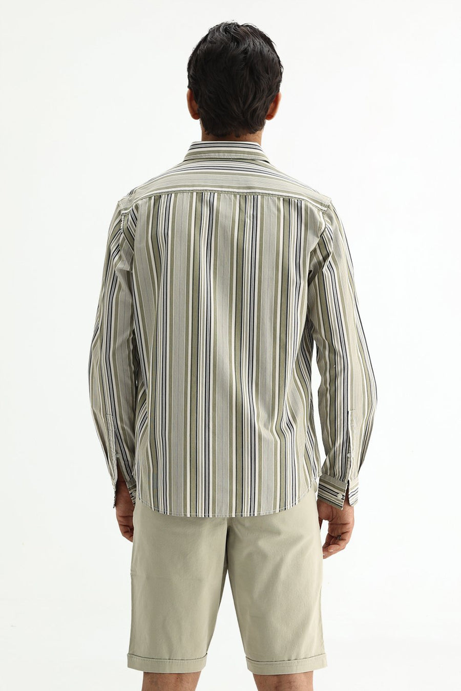 BASICS SLIM FIT GREEN SEED COTTON PLAIN STRIPES SHIRT