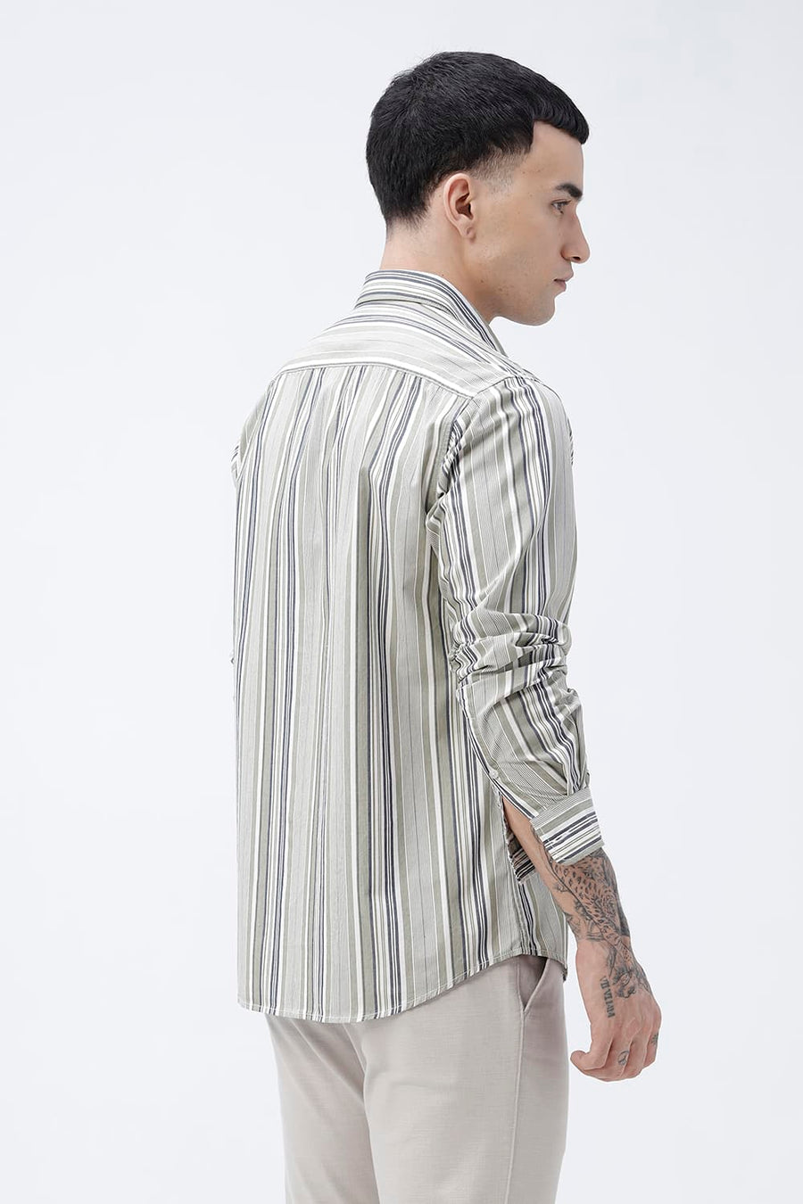 BASICS SLIM FIT GREEN SEED COTTON PLAIN STRIPES SHIRT
