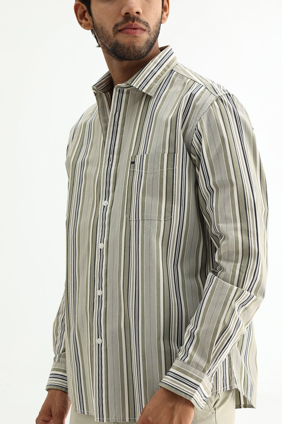 BASICS SLIM FIT GREEN SEED COTTON PLAIN STRIPES SHIRT