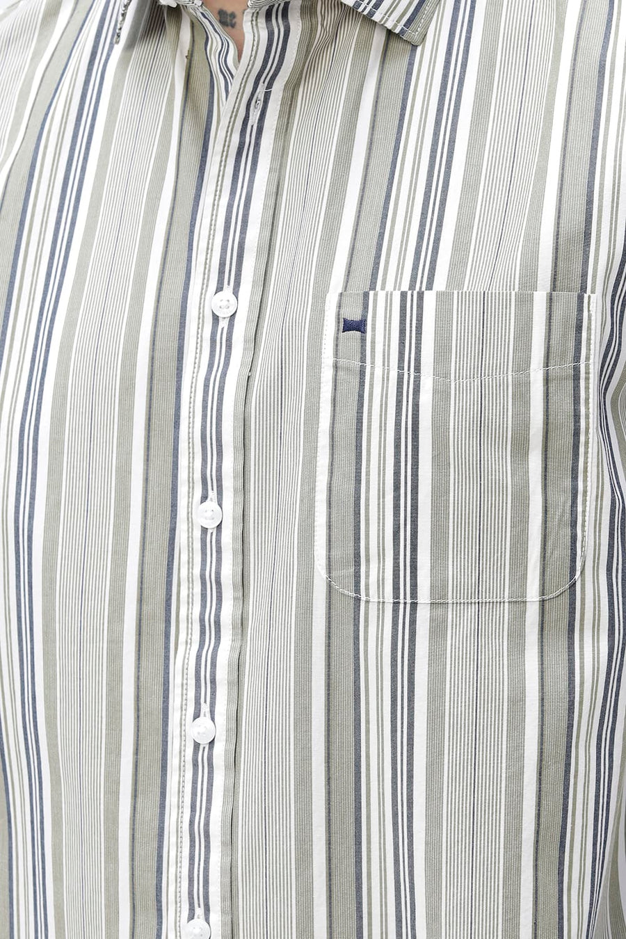 BASICS SLIM FIT GREEN SEED COTTON PLAIN STRIPES SHIRT