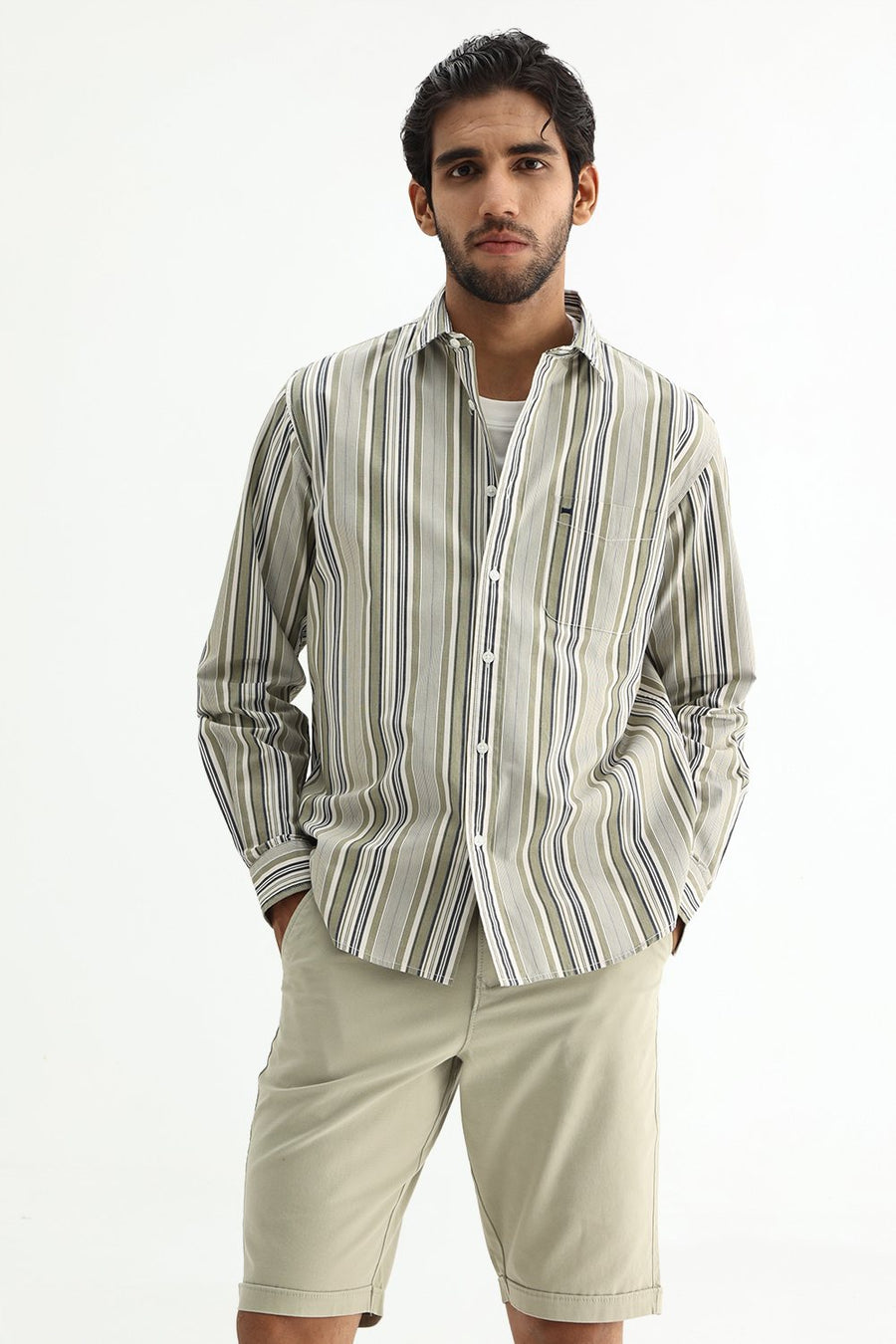 BASICS SLIM FIT GREEN SEED COTTON PLAIN STRIPES SHIRT