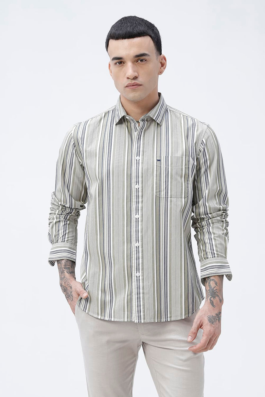 BASICS SLIM FIT GREEN SEED COTTON PLAIN STRIPES SHIRT