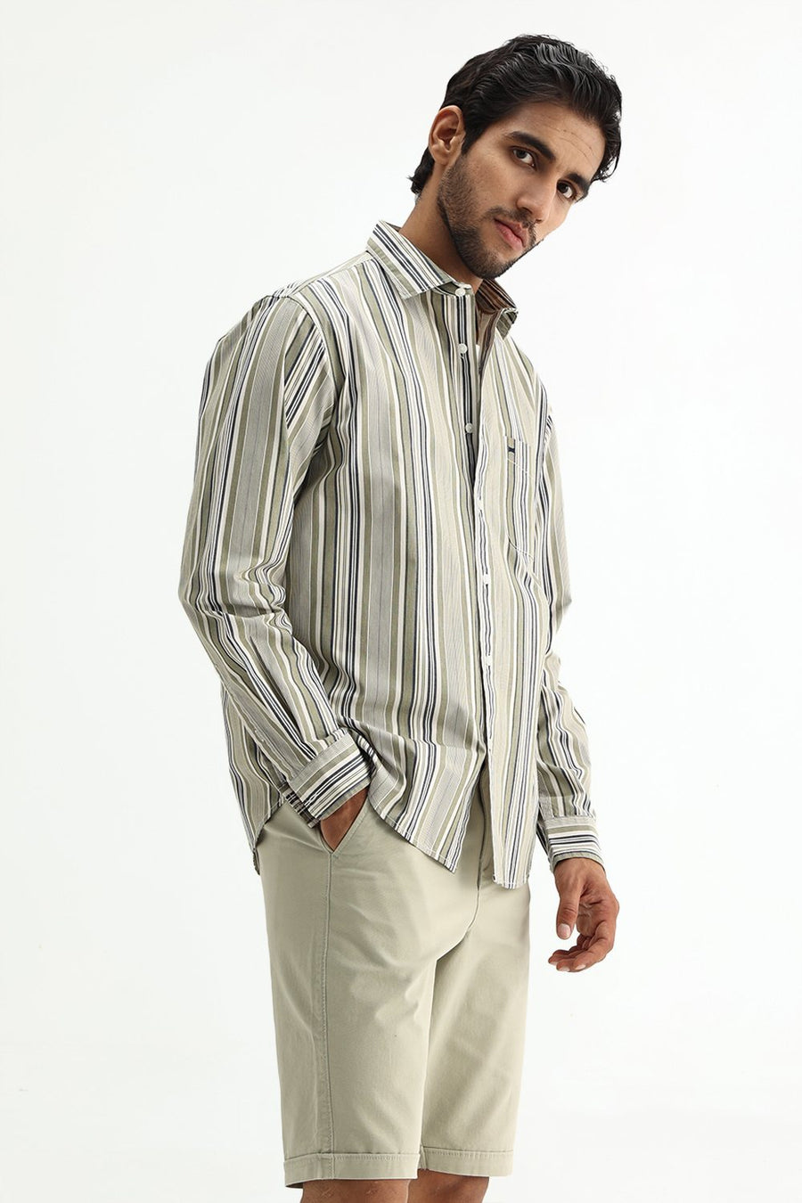BASICS SLIM FIT GREEN SEED COTTON PLAIN STRIPES SHIRT