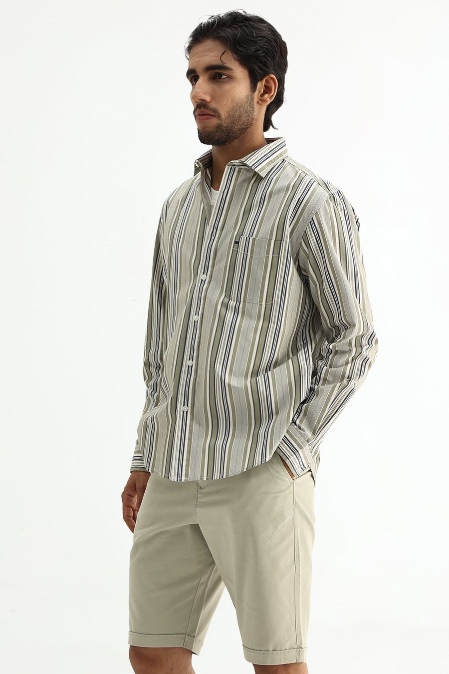 BASICS SLIM FIT GREEN SEED COTTON PLAIN STRIPES SHIRT