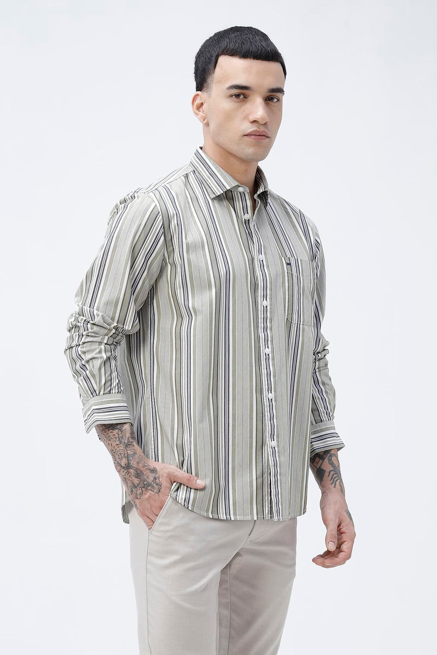 BASICS SLIM FIT GREEN SEED COTTON PLAIN STRIPES SHIRT