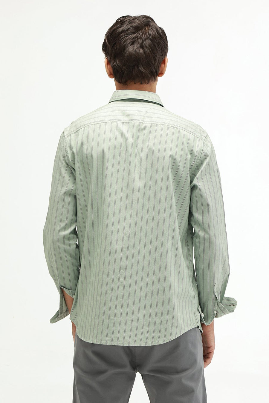 BASICS SLIM FIT GREEN FROST COTTON TWILL STRIPE SHIRT