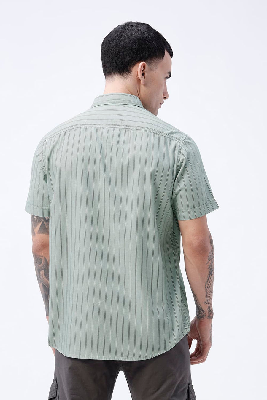 BASICS SLIM FIT GREEN FROST COTTON TWILL STRIPE HALFSLEEVES SHIRT