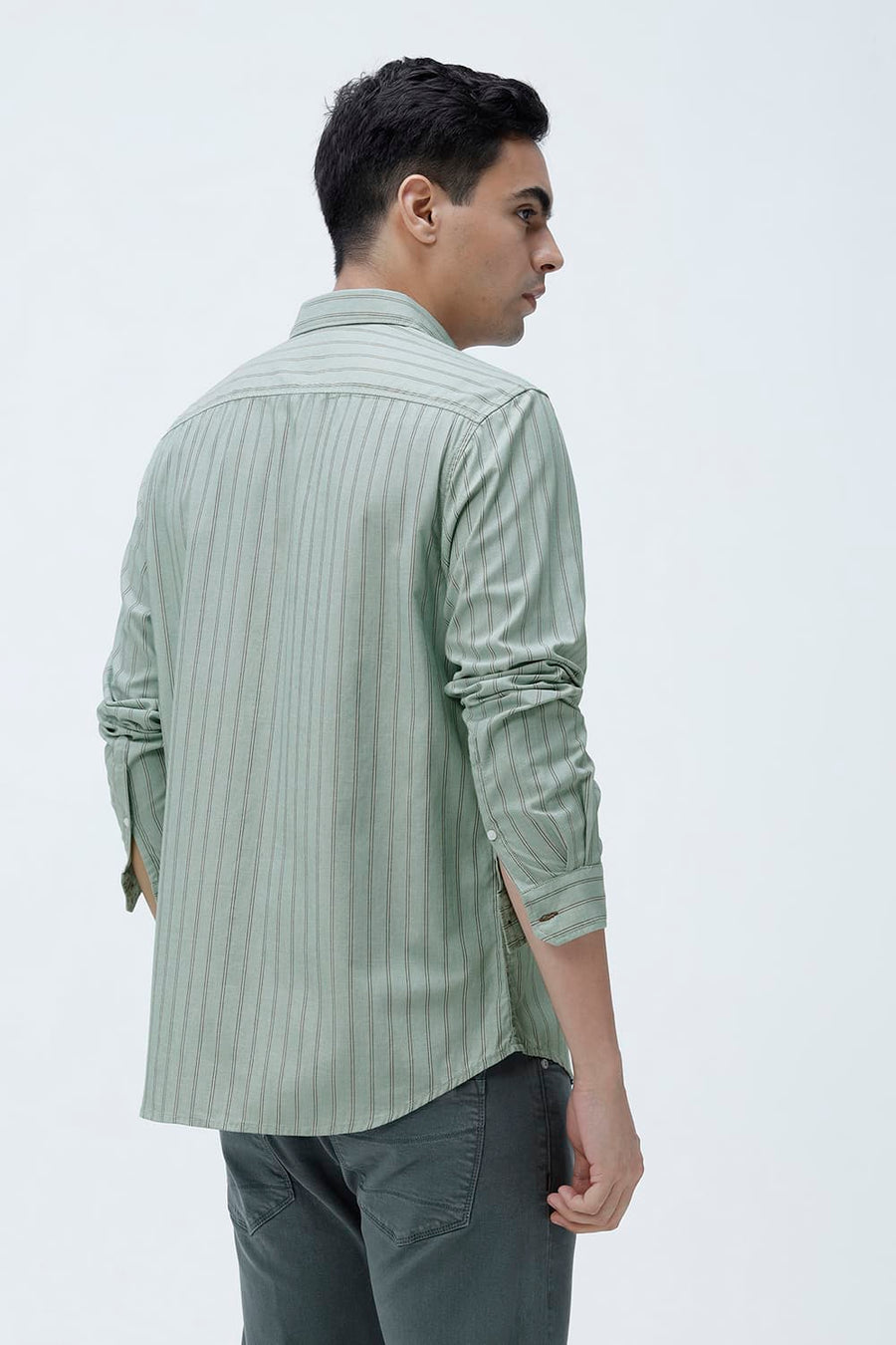BASICS SLIM FIT GREEN FROST COTTON TWILL STRIPE SHIRT
