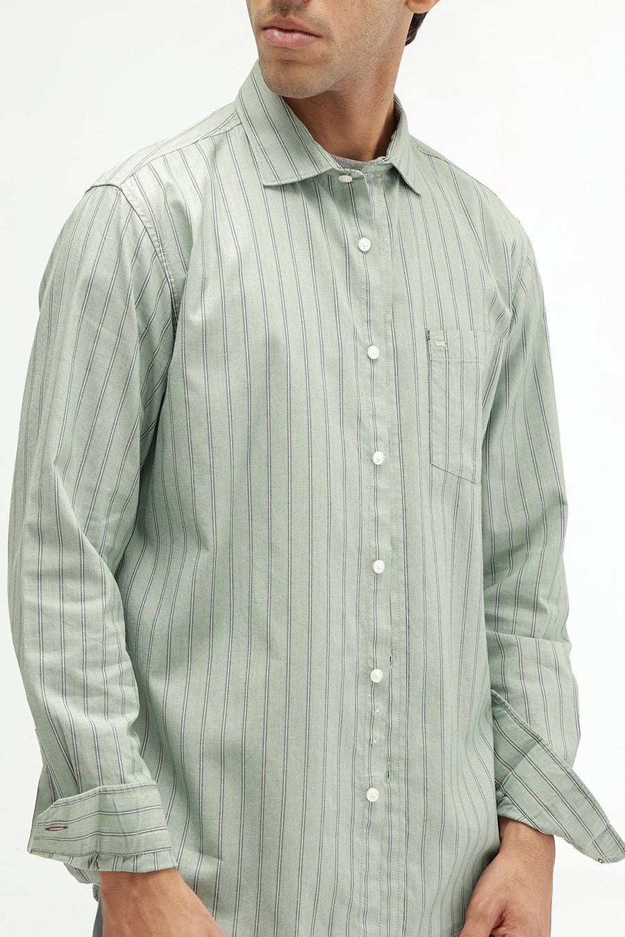BASICS SLIM FIT GREEN FROST COTTON TWILL STRIPE SHIRT