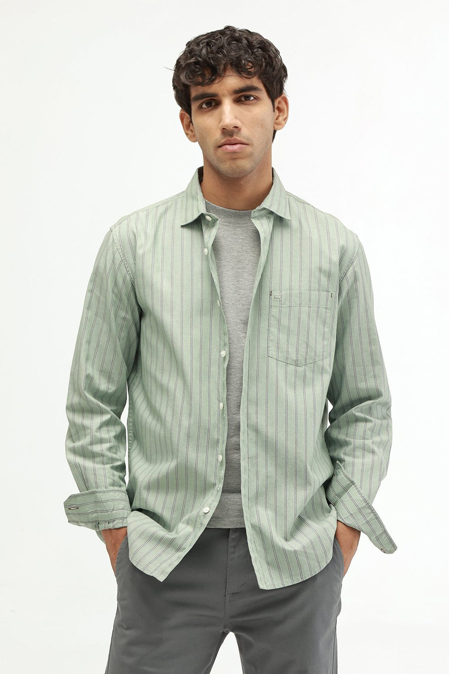 BASICS SLIM FIT GREEN FROST COTTON TWILL STRIPE SHIRT