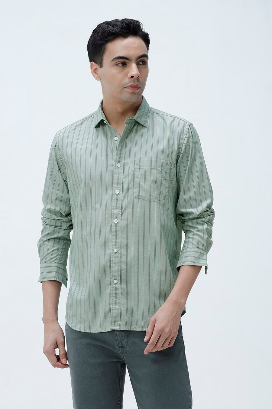 BASICS SLIM FIT GREEN FROST COTTON TWILL STRIPE SHIRT
