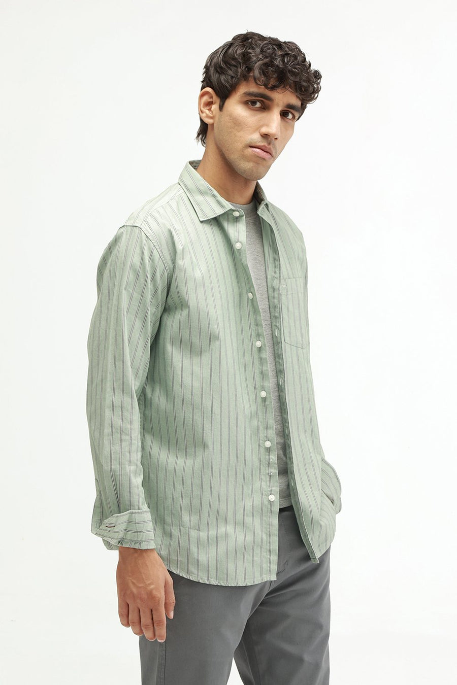 BASICS SLIM FIT GREEN FROST COTTON TWILL STRIPE SHIRT