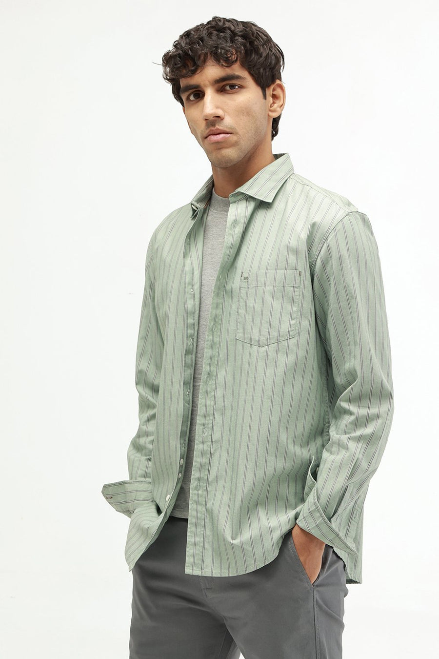 BASICS SLIM FIT GREEN FROST COTTON TWILL STRIPE SHIRT