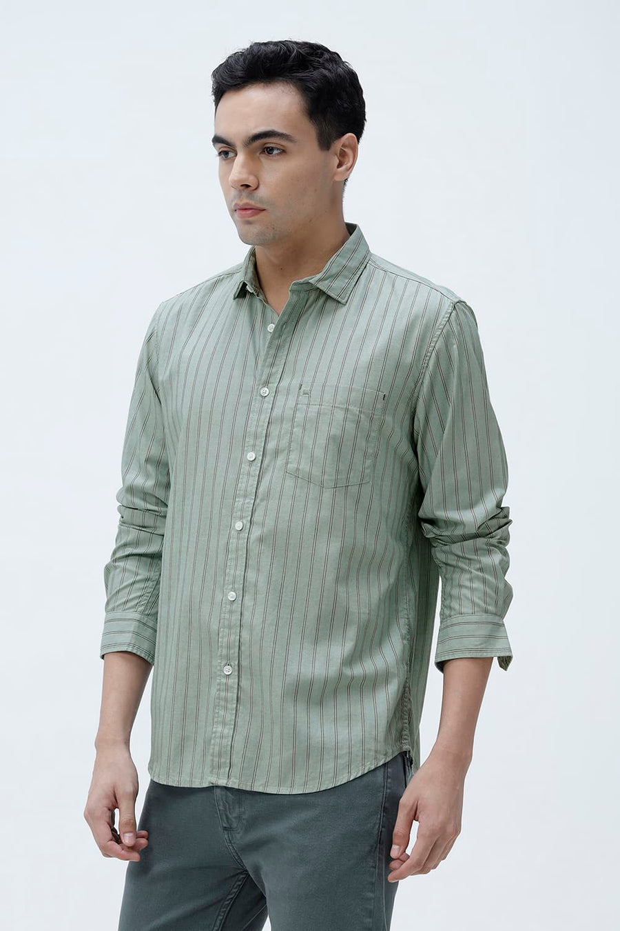 BASICS SLIM FIT GREEN FROST COTTON TWILL STRIPE SHIRT