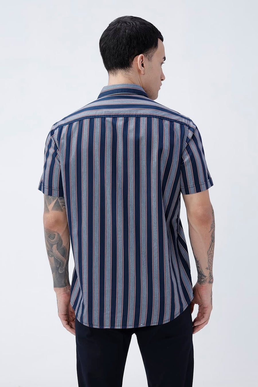BASICS SLIM FIT PAGEANT NAVY COTTON TWILL STRIPE HALFSLEEVES SHIRT
