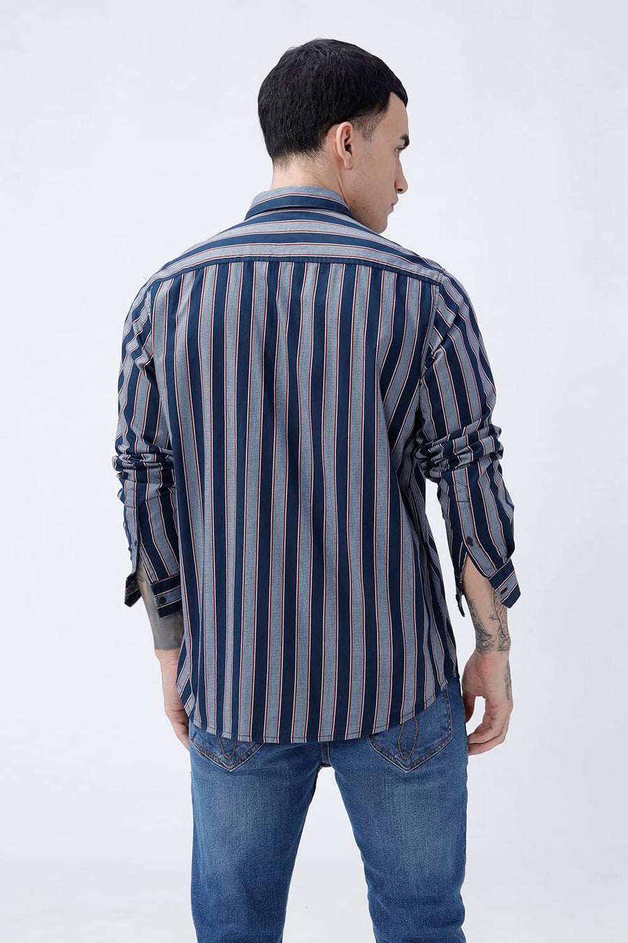 BASICS SLIM FIT PAGEANT NAVY COTTON TWILL STRIPE SHIRT